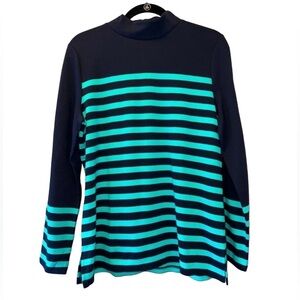 Talbots Navy & Teal Stripe Mock Neck Long Sleeve Top - Size L